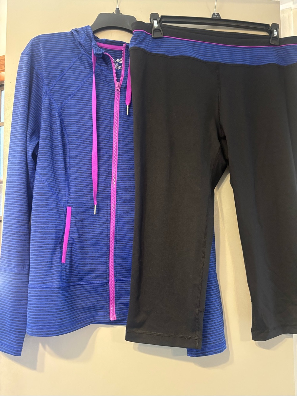 Women’s Blue Stripe Hooded Jacket & Black Capri Set with Purple Accents